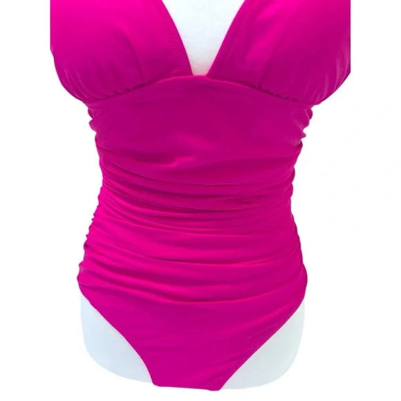 J. Crew Women’s V-Neck Ruched One Piece Swimsuit Color is Hot Pink Flattering - Picture 4 of 7